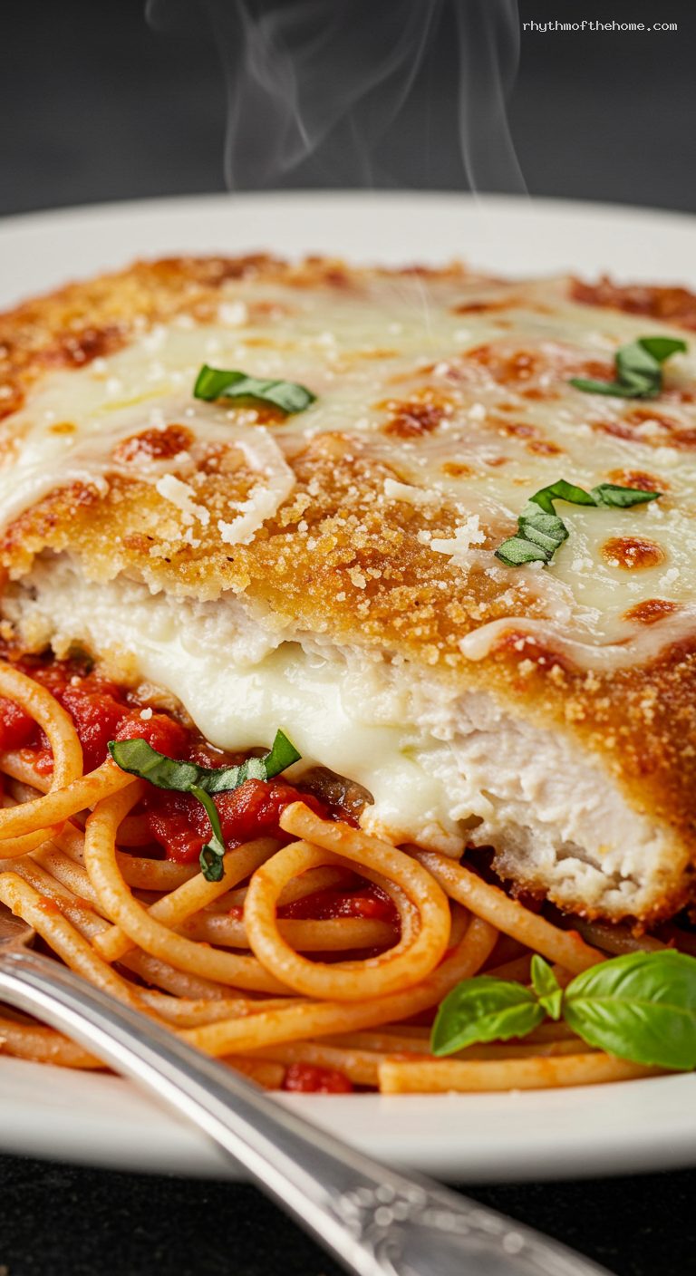 Crispy Chicken Parmesan with Saucy Spaghetti – Closeup