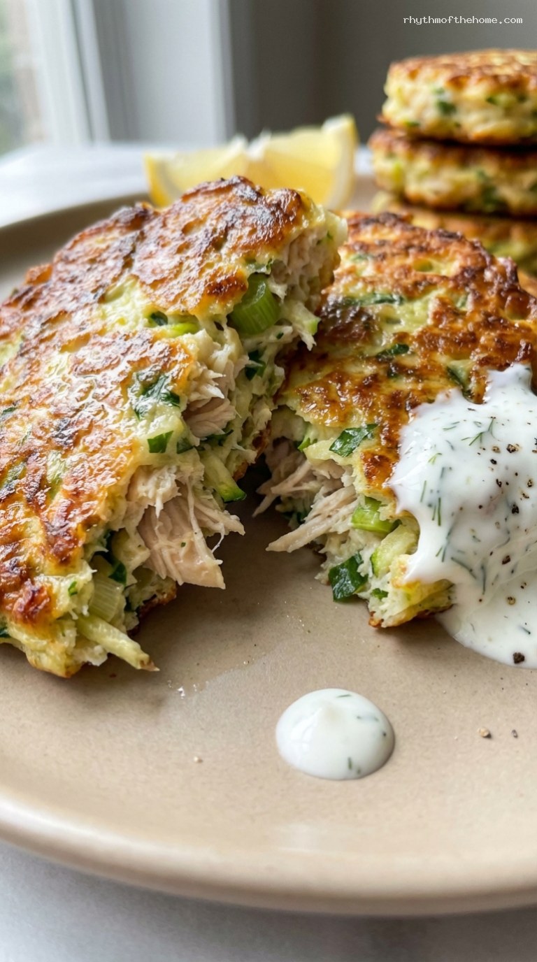 Crispy Chicken Zucchini Fritters With Creamy Dipping Sauce – Closeup