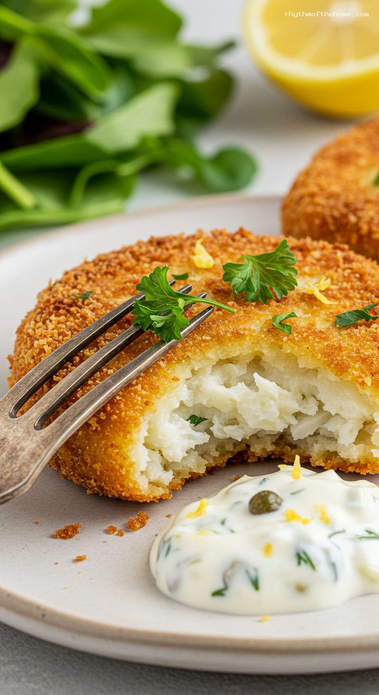 Crispy Cod Fish Cakes with Quick Tartar Sauce – Closeup