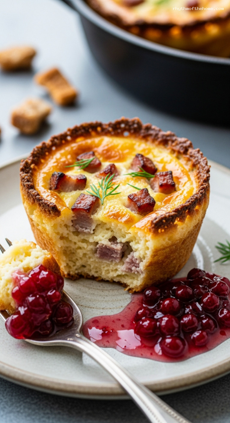 Crispy Kolbullar Skillet Cakes with Salt Pork and Lingonberries – Closeup