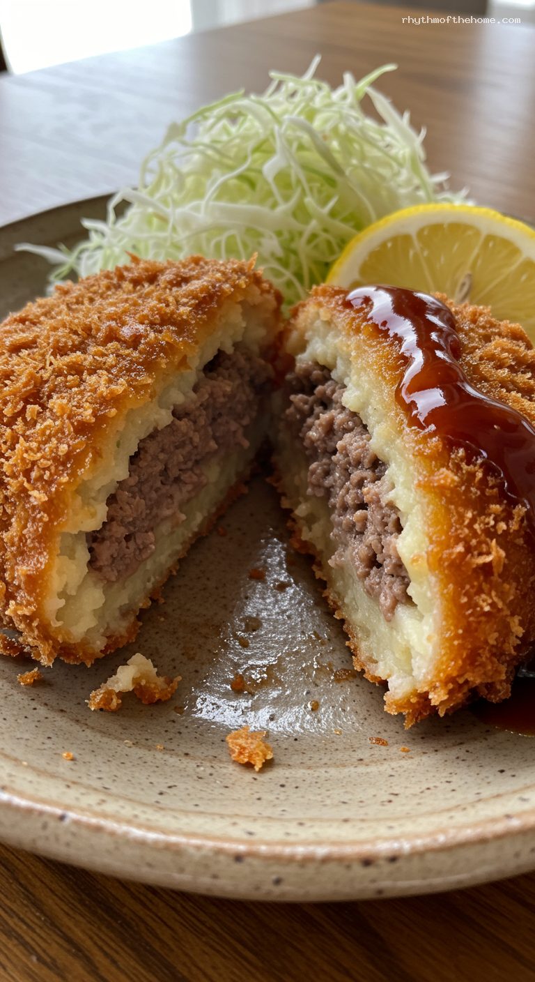 Crispy Korokke with Tonkatsu Sauce and Cabbage – Closeup