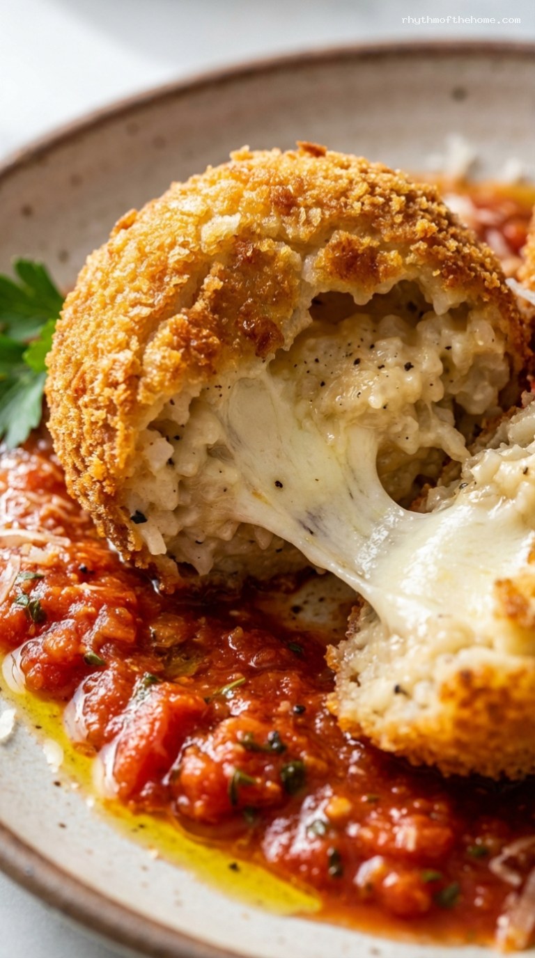 Crispy Mozzarella Arancini With Warm Marinara – Closeup