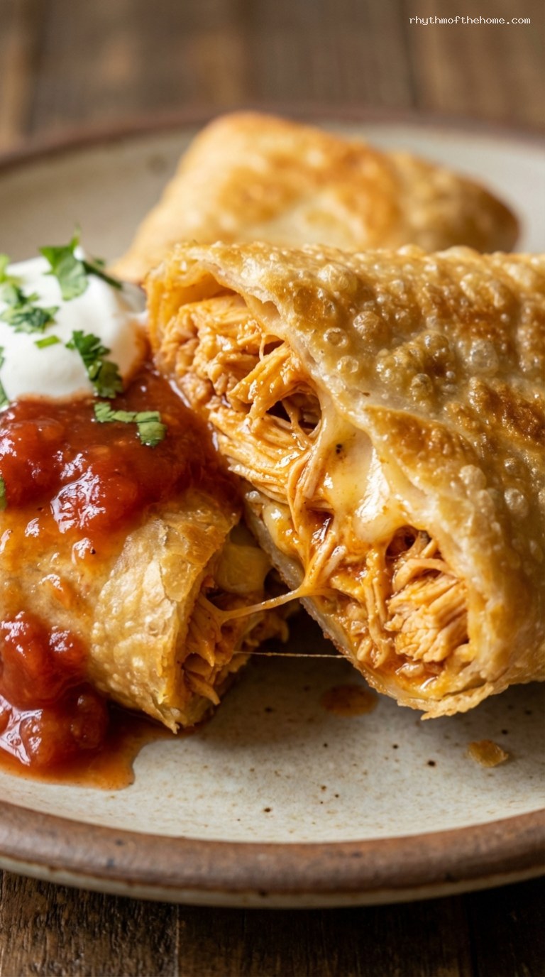 Crispy Oven-Baked Chicken Chimichangas with Salsa – Closeup