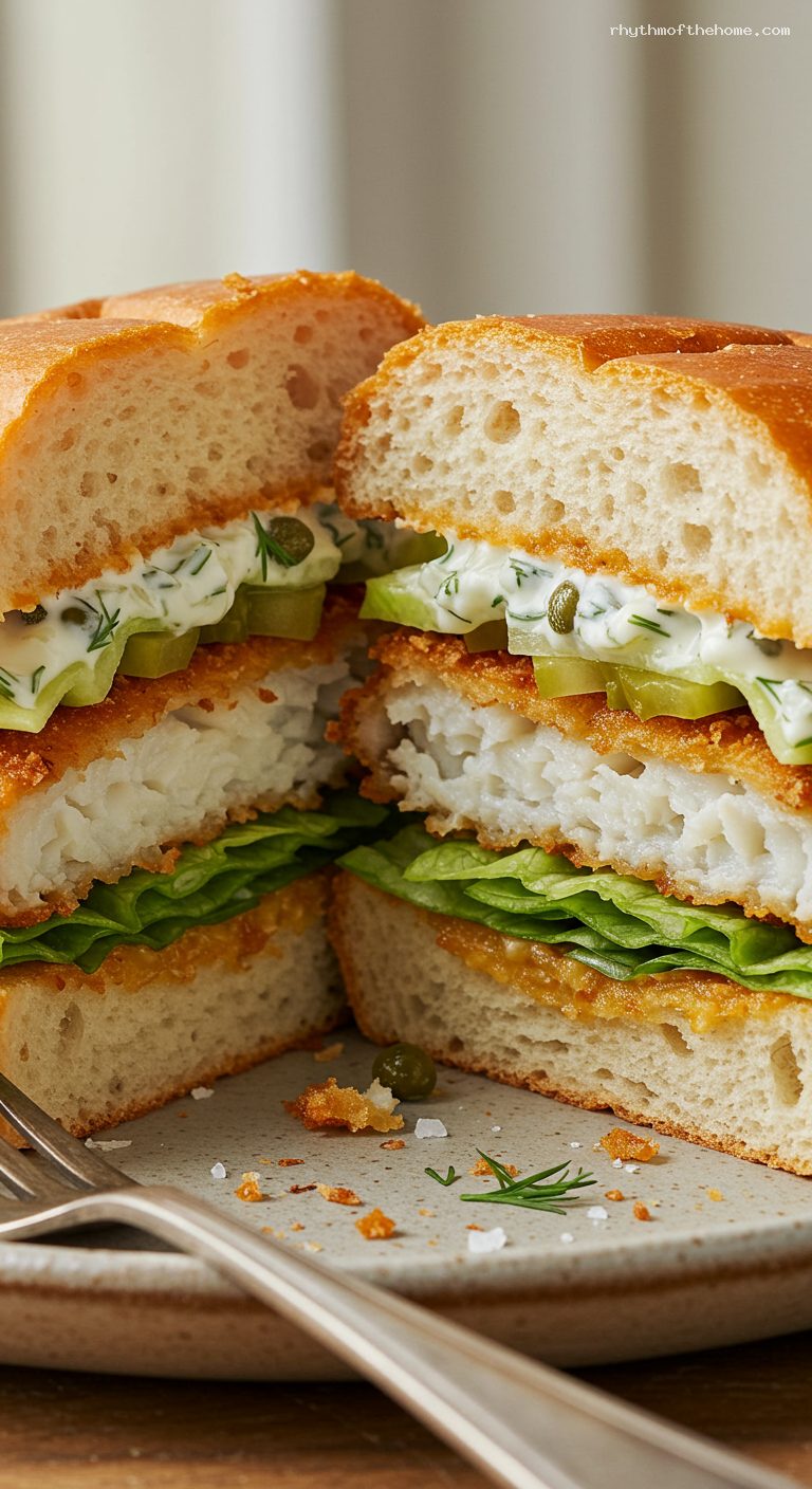 Crispy Panko Fish Sandwich with Tartar Sauce – Closeup