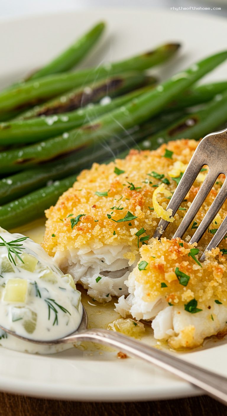 Crispy Parmesan-Panko Tilapia with Roasted Green Beans – Closeup
