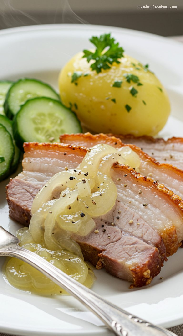 Crispy Pork Belly with Silky Onion Sauce and Potatoes – Closeup