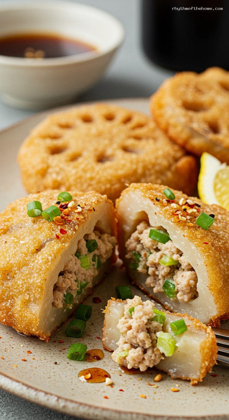 Crispy Renkon Hasami-Age with Gingery Chicken – Closeup