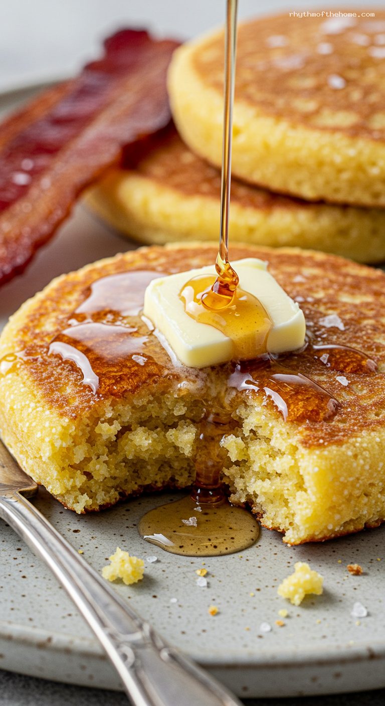 Crispy Rhode Island Johnnycakes with Maple Syrup – Closeup