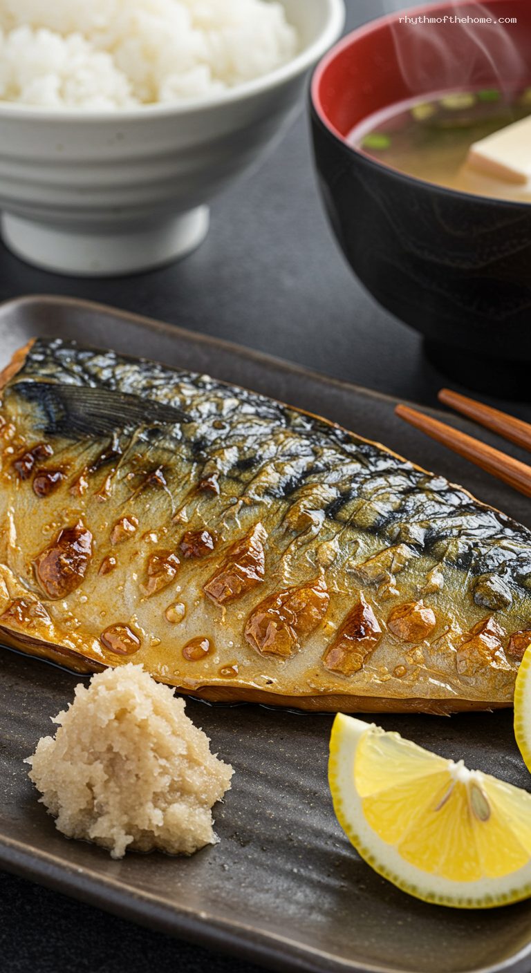 Crispy Saba Shioyaki with Rice and Daikon – Closeup