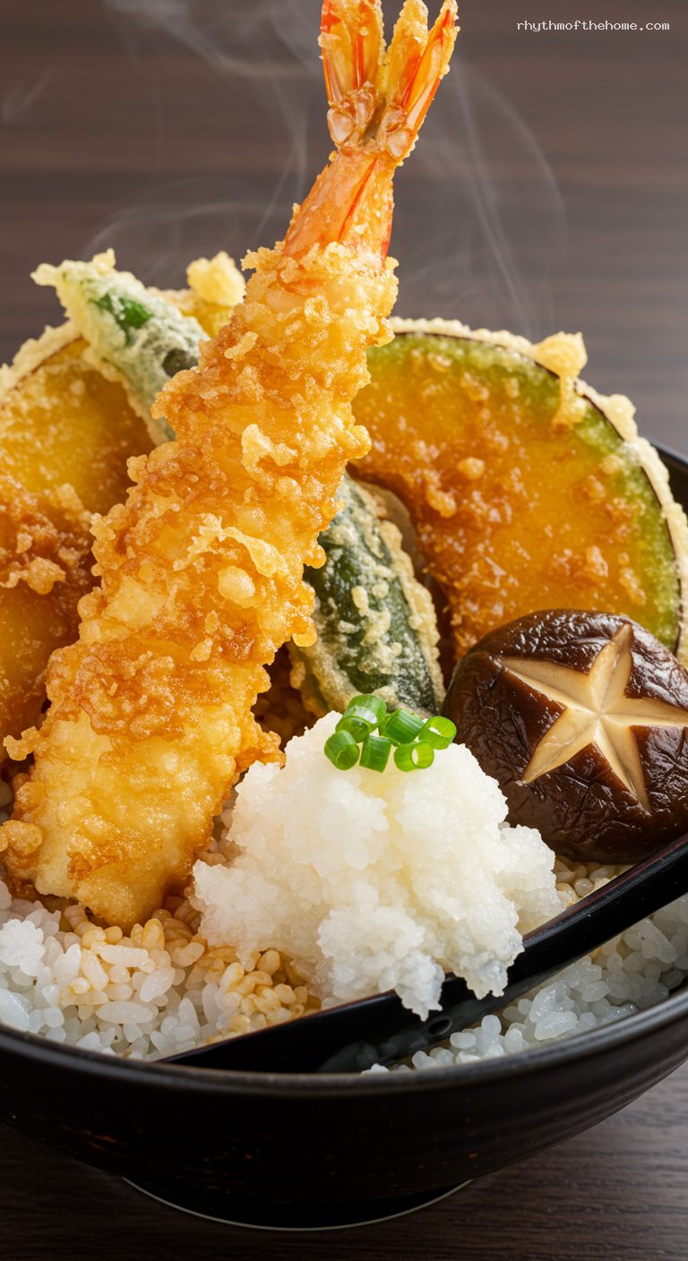 Crispy Shrimp and Vegetable Tendon Rice Bowl – Closeup