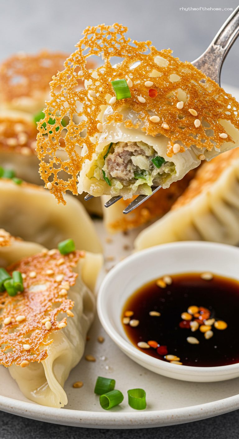 Crispy Skirt Yaki-Gyoza with Soy Vinegar Dip – Closeup