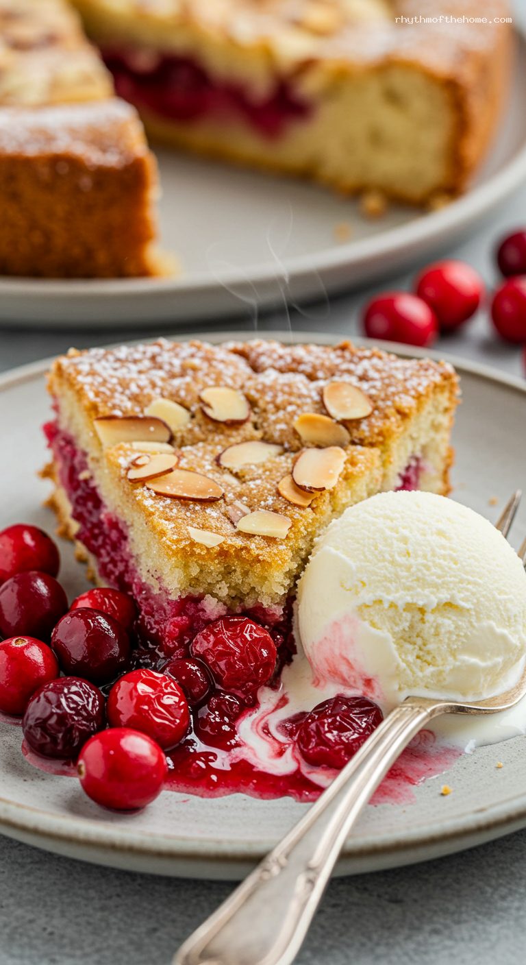 Crustless Nantucket Cranberry Pie with Almond and Vanilla Ice Cream – Closeup