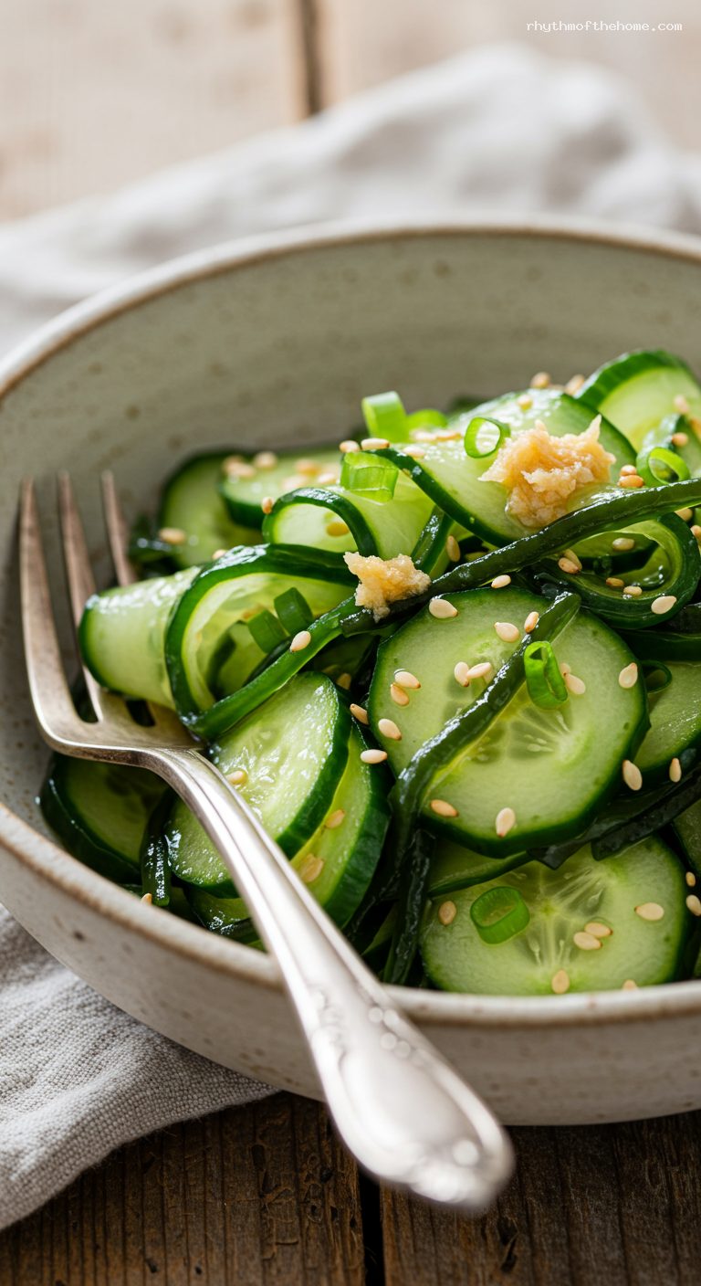 Cucumber Wakame Sunomono with Ginger-Sesame Dressing – Closeup