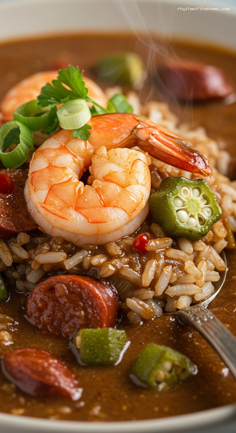 Deep, Dark Seafood Gumbo with Shrimp and Okra – Closeup