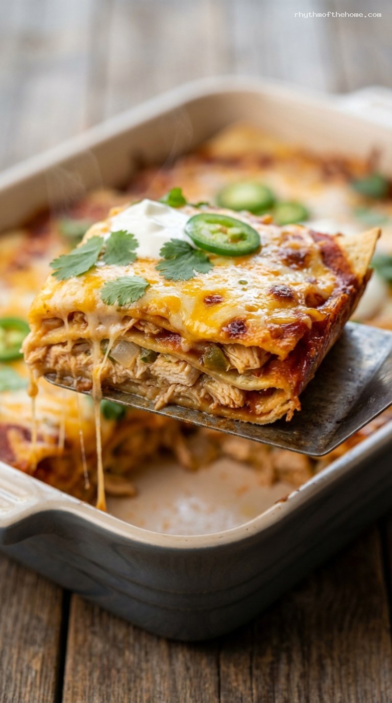 Easy Chicken Enchilada Casserole with Tortillas and Cheese – Closeup