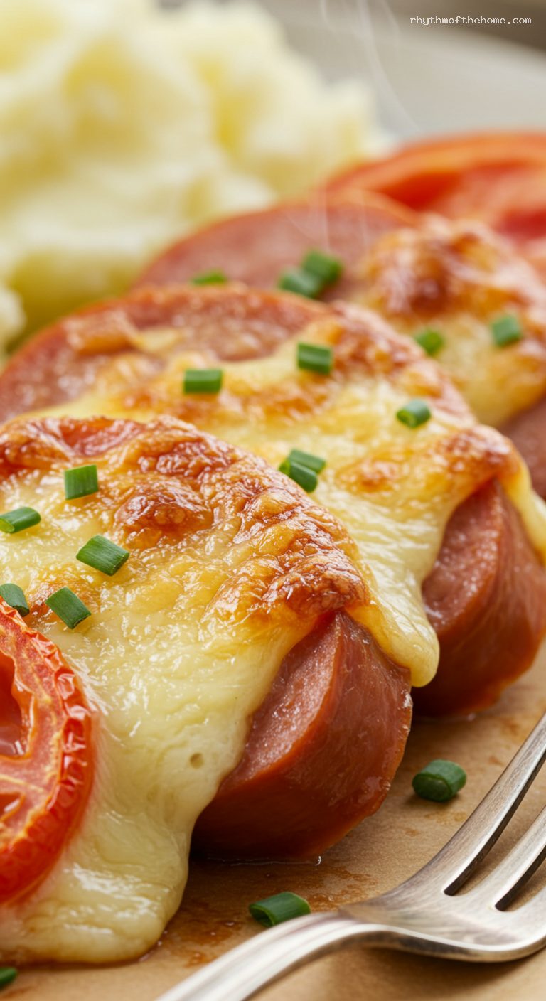Falukorv i Ugn (Oven-Baked Ring Sausage with Onion, Tomato, Mustard & Cheese) – Closeup