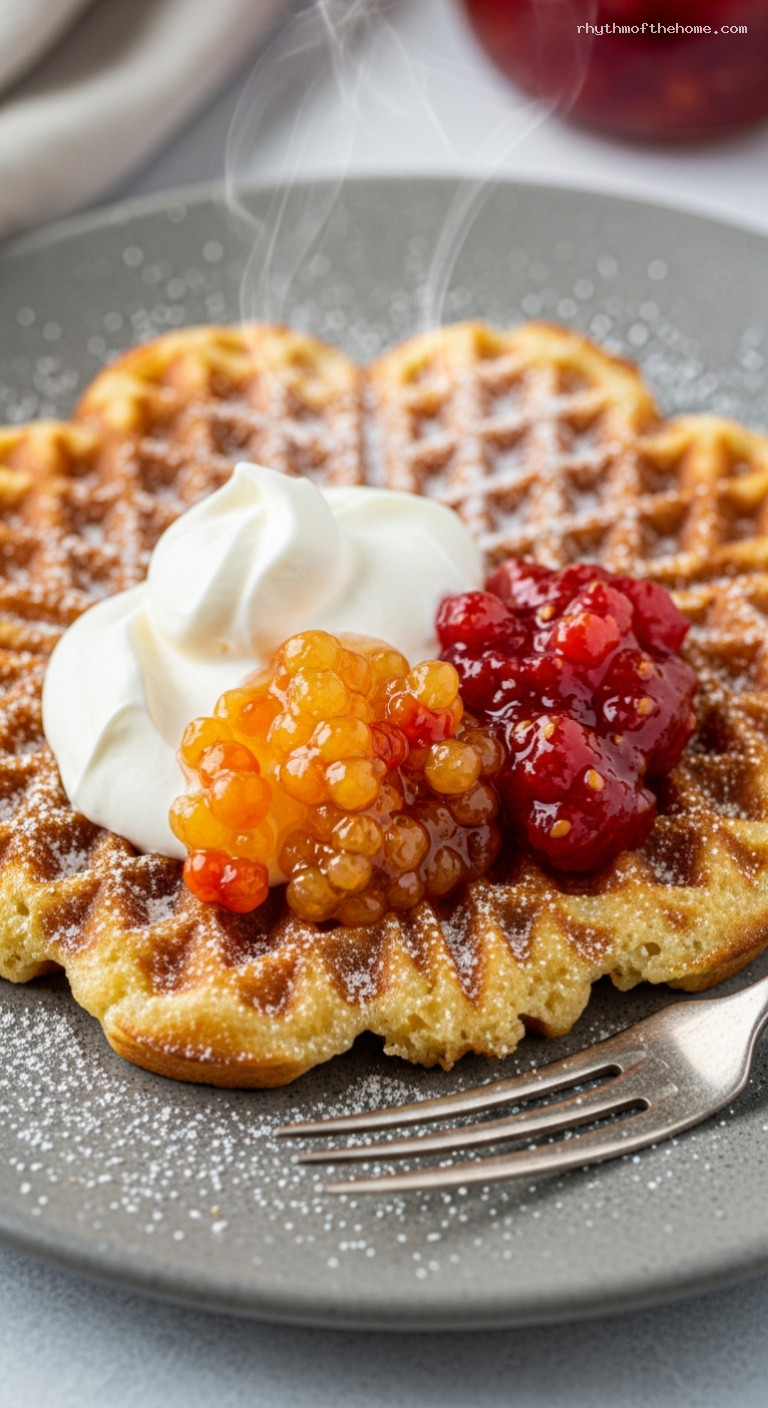 Feather-Light Swedish Waffles with Cream and Jam – Closeup