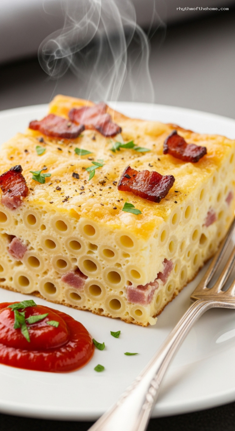 Finnish Makaronilaatikko: Homestyle Baked Macaroni with Bacon – Closeup