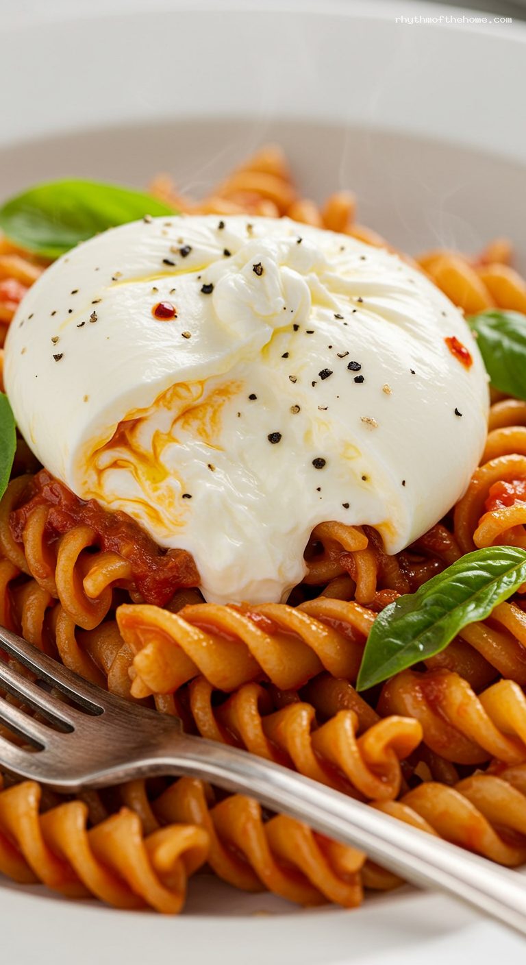 Fusilli with ’Nduja, Burrata, and Basil – Closeup