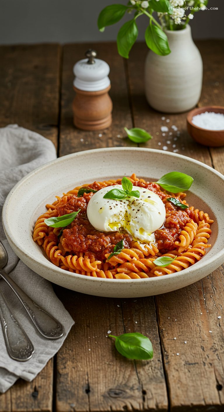 Fusilli with ’Nduja, Burrata, and Basil