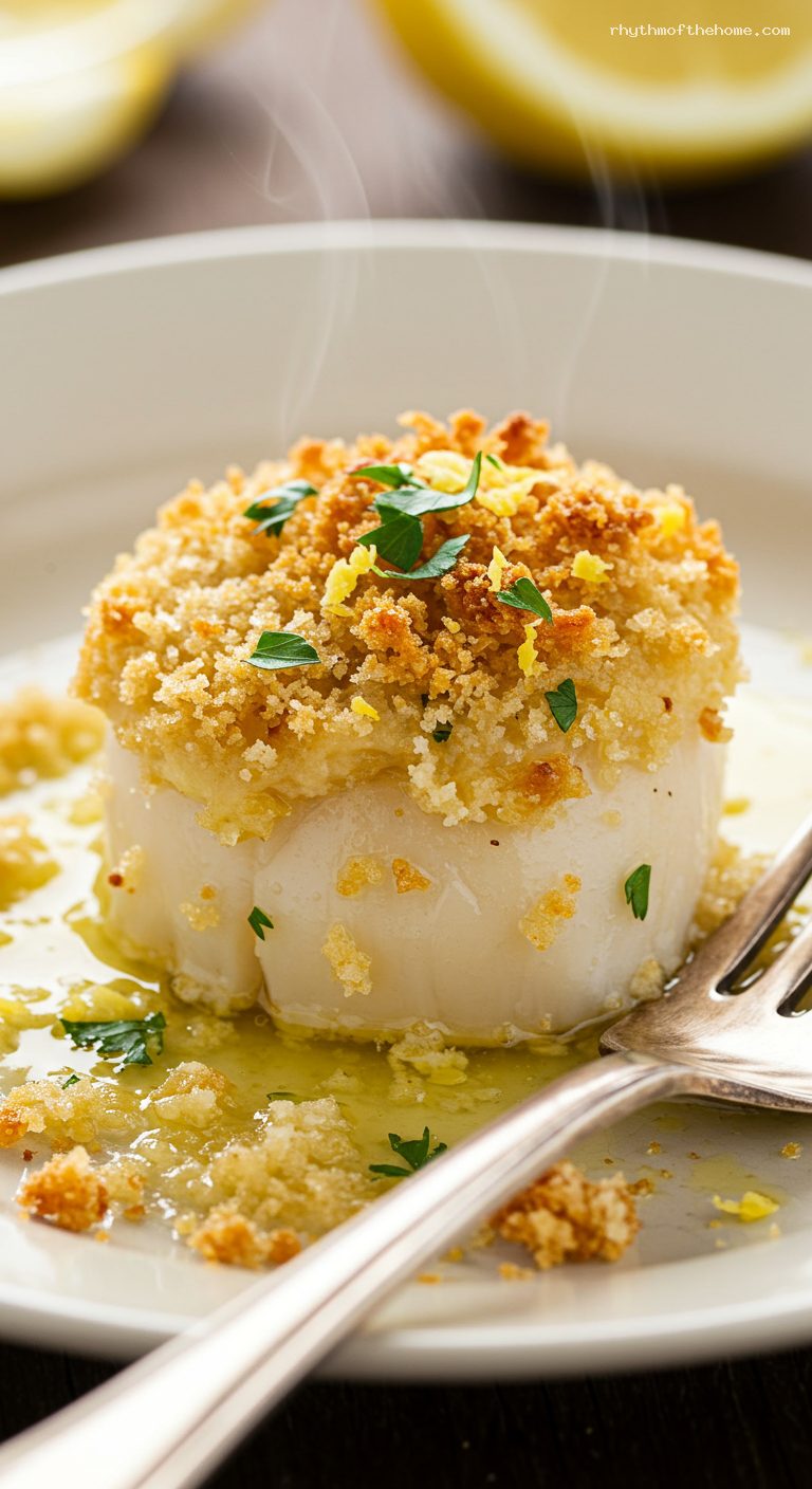 Garlic Butter Baked Scallops with Parmesan Breadcrumbs – Closeup