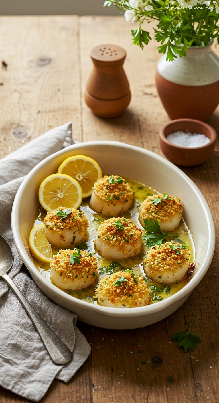 Garlic Butter Baked Scallops with Parmesan Breadcrumbs