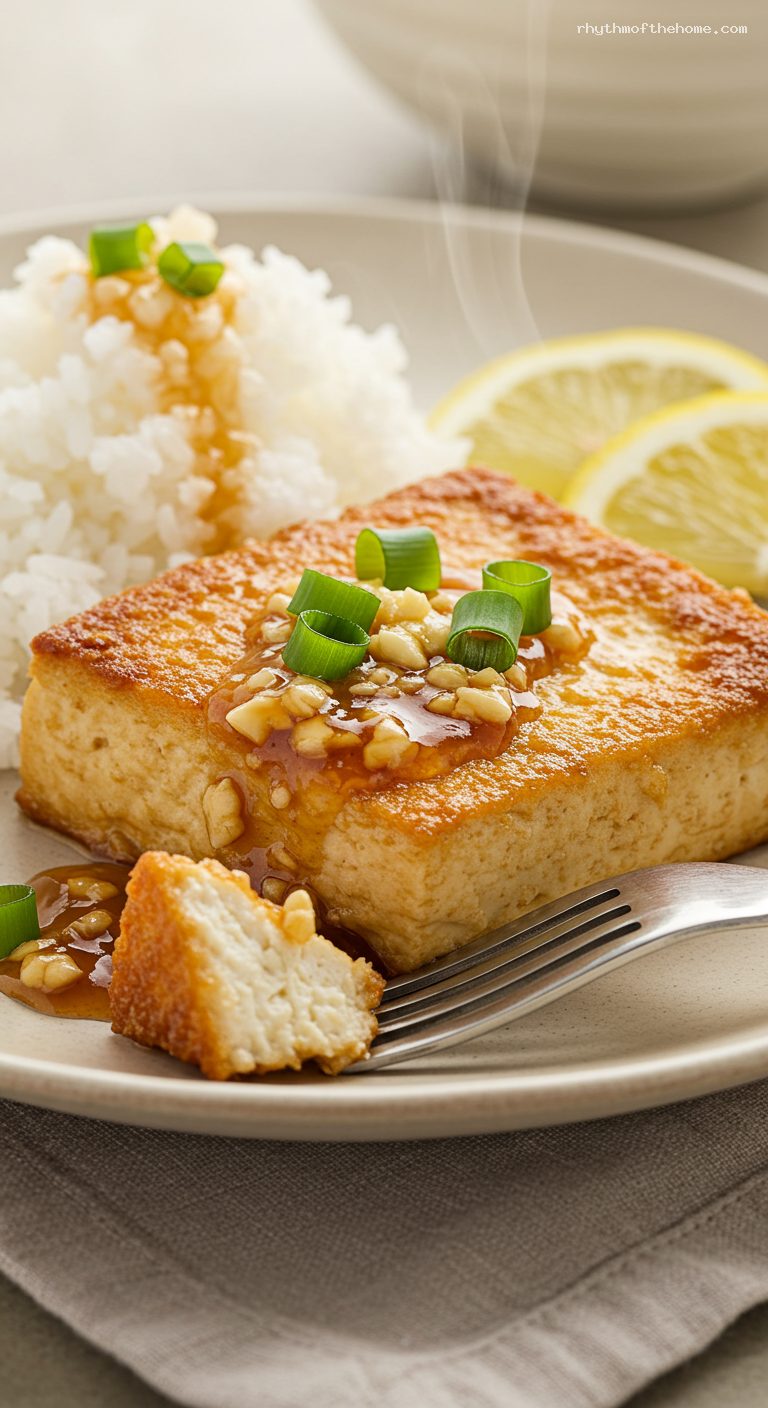 Garlic Soy Butter Tofu Steaks with Daikon – Closeup