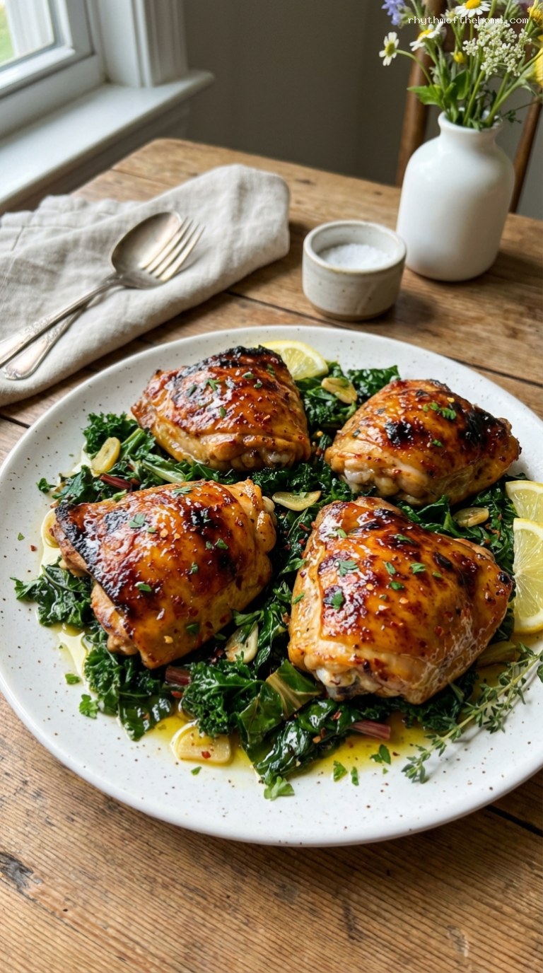 Garlicky Honey Mustard Baked Chicken Thighs with Greens