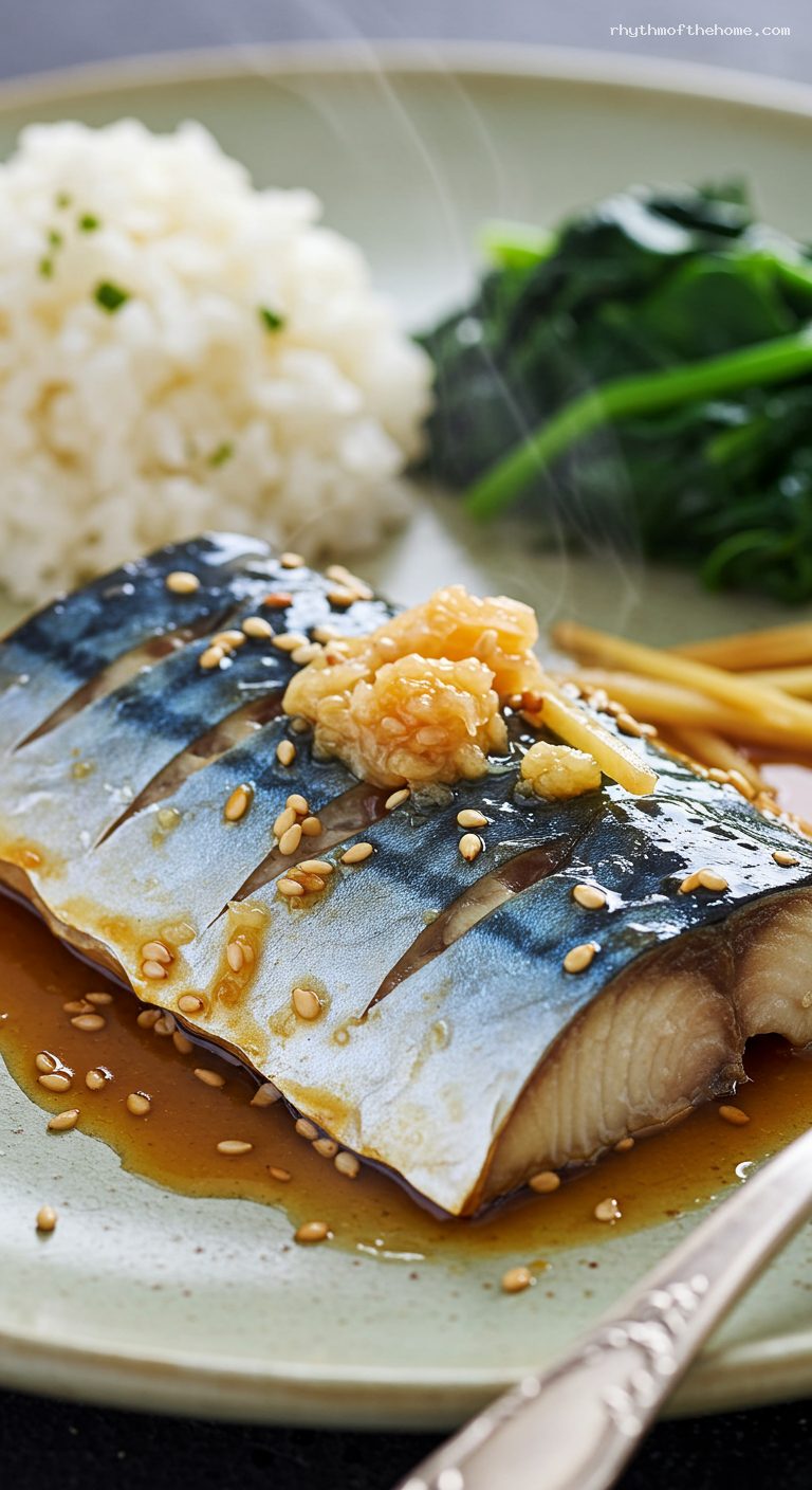 Ginger Miso-Glazed Mackerel with Rice and Greens – Closeup