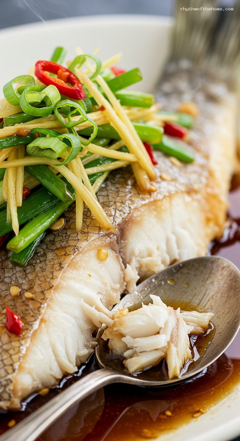 Ginger-Scallion Steamed Fish with Soy and Hot Oil – Closeup