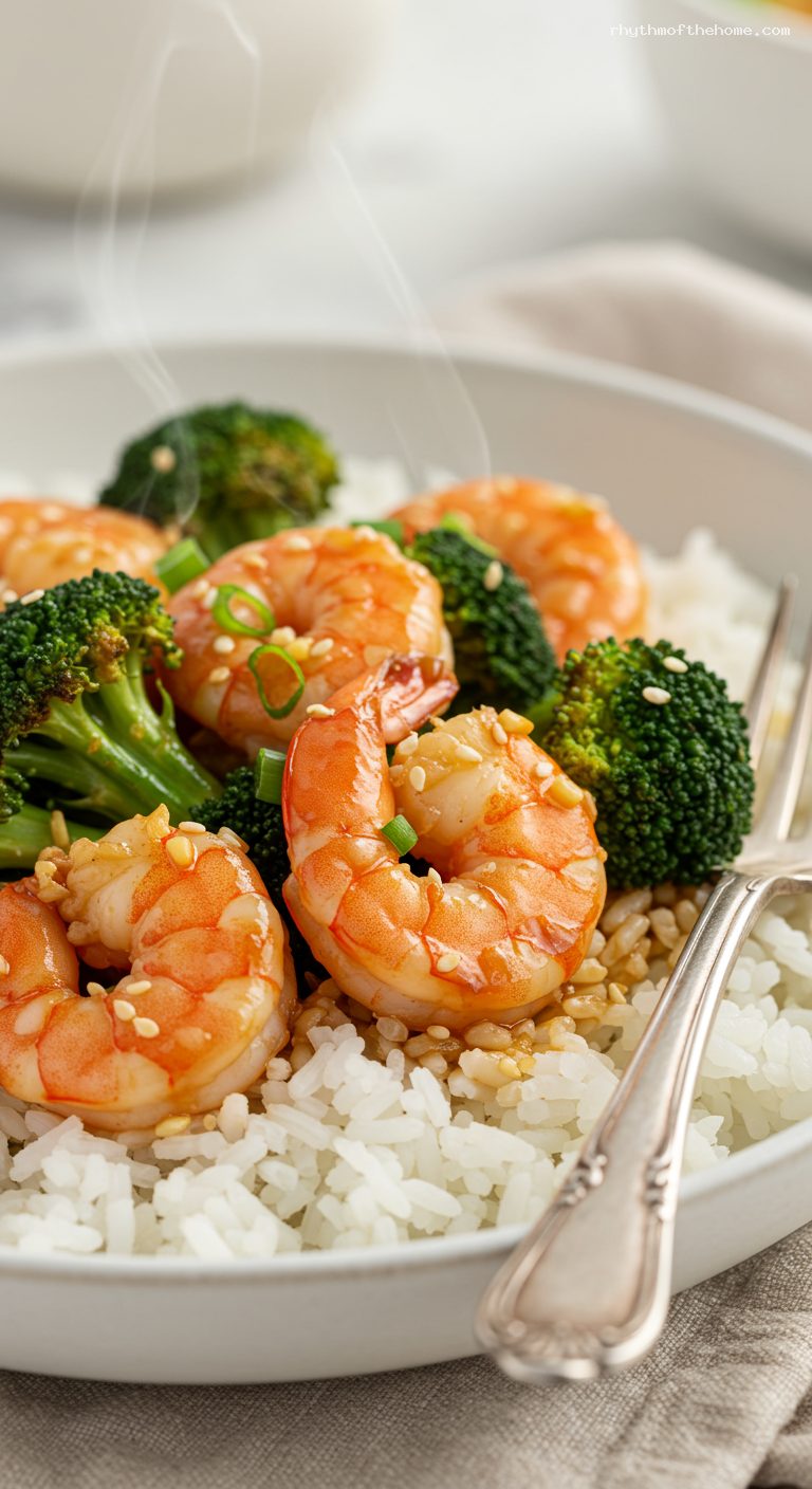 Gingery Shrimp and Broccoli Stir-Fry Over Rice – Closeup