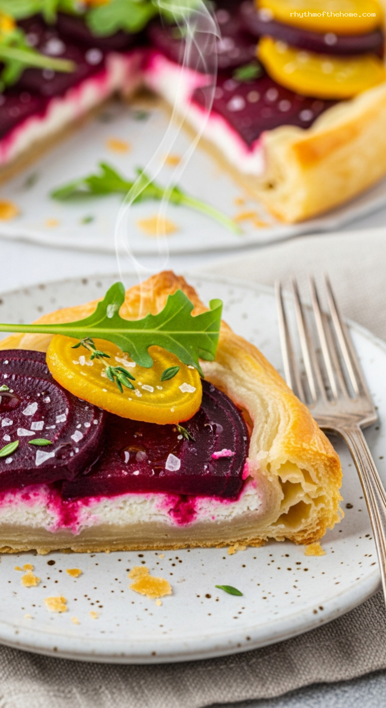 Goat Cheese and Roasted Beet Tart with Honey and Thyme – Closeup