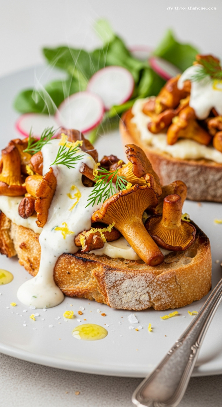 Golden Buttered Chanterelle Toast with Dill and Lemon – Closeup