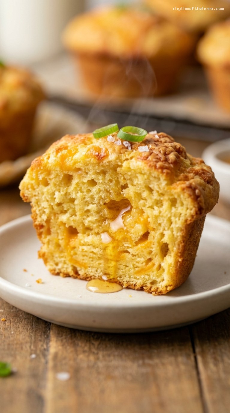 Golden Cheddar Honey Cornbread Muffins – Closeup