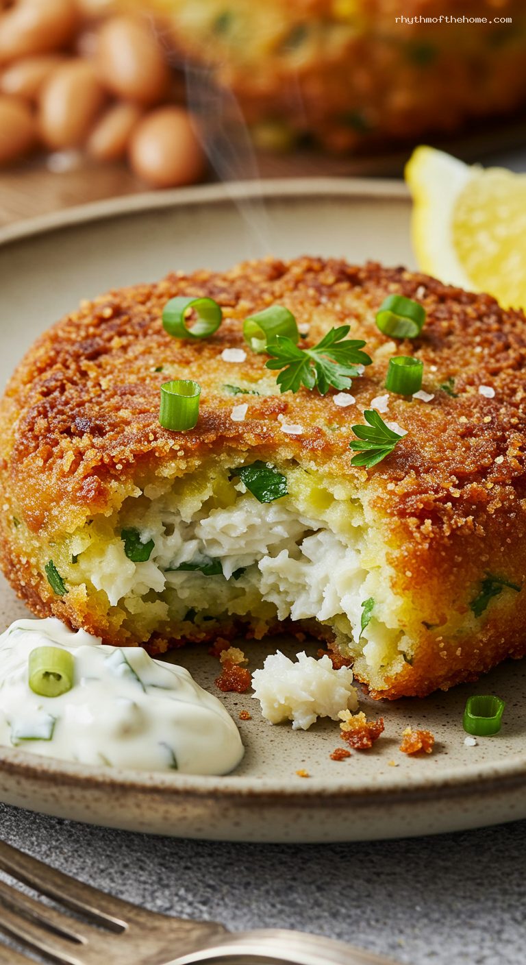 Golden Codfish Cakes with Quick Pickles and Tartar – Closeup