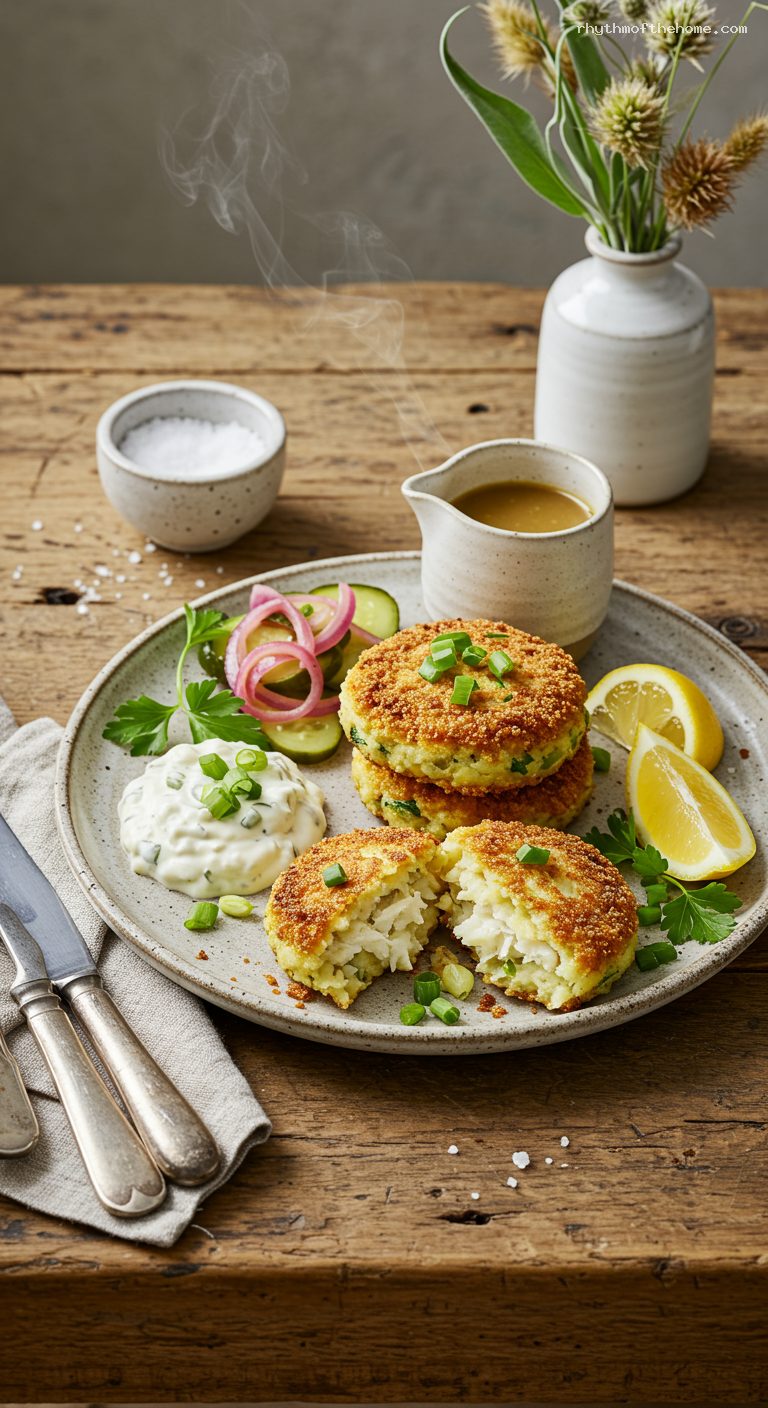 Golden Codfish Cakes with Quick Pickles and Tartar
