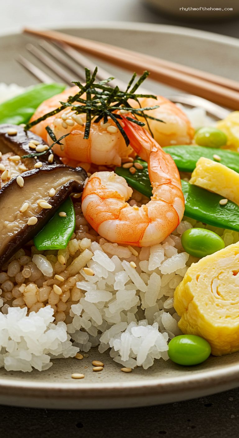 Gomoku Chirashi Sushi with Colorful Cooked Toppings – Closeup