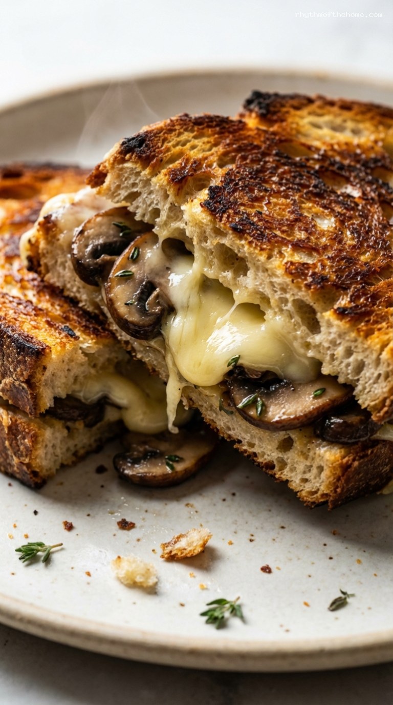 Gooey Brie and Thyme Mushroom Melt on Crusty Bread – Closeup