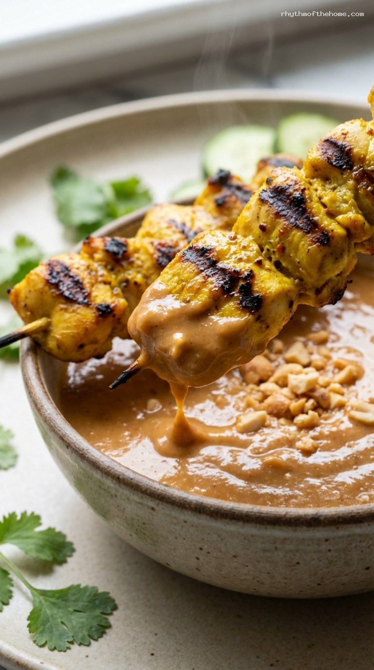 Grilled Chicken Satay with Creamy Peanut Dipping Sauce – Closeup