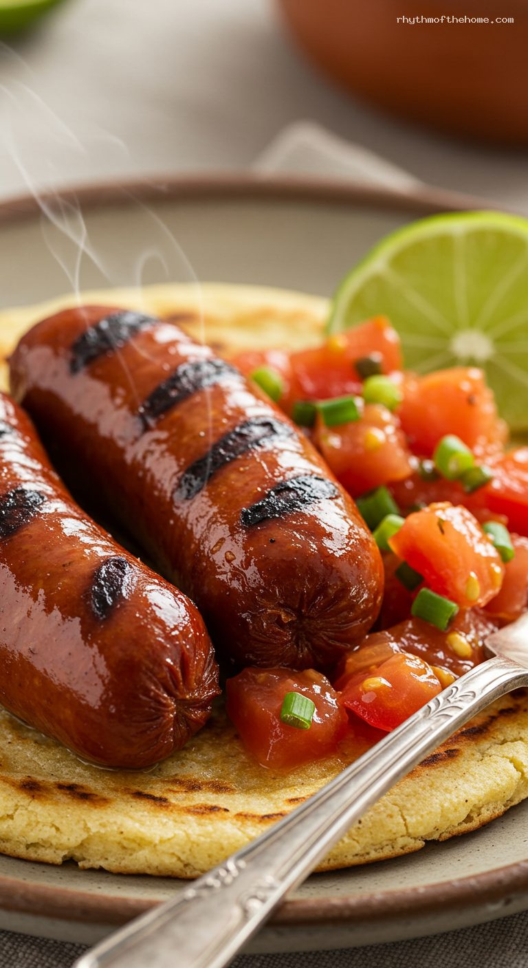 Grilled Chorizo Santarrosano with Arepa and Hogao – Closeup