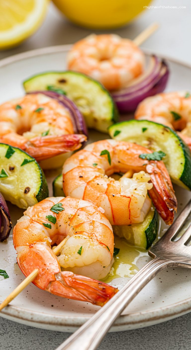 Grilled Garlic-Lemon Shrimp Skewers with Zucchini and Onion – Closeup