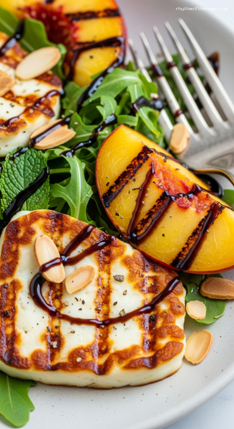 Grilled Peach and Halloumi Salad with Mint and Balsamic – Closeup