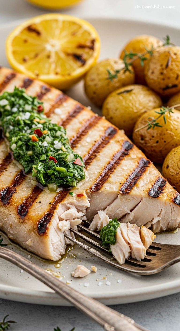 Grilled Swordfish with Lemon Pepper Chimichurri – Closeup