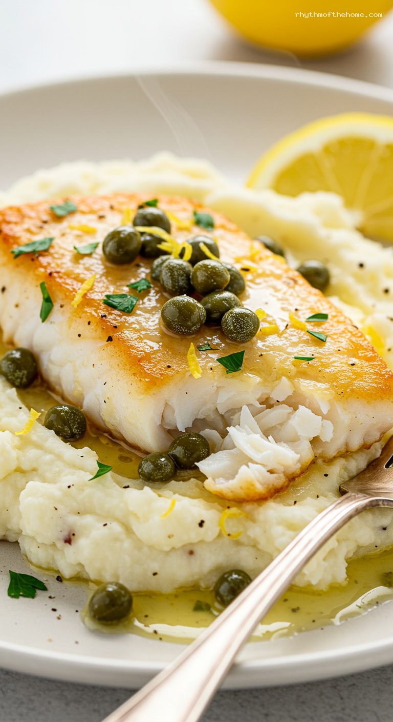 Halibut Piccata with Lemon-Caper Butter Over Garlic Mash – Closeup