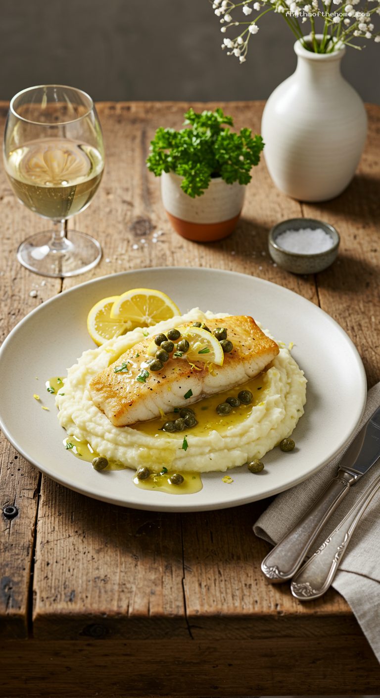 Halibut Piccata with Lemon-Caper Butter Over Garlic Mash
