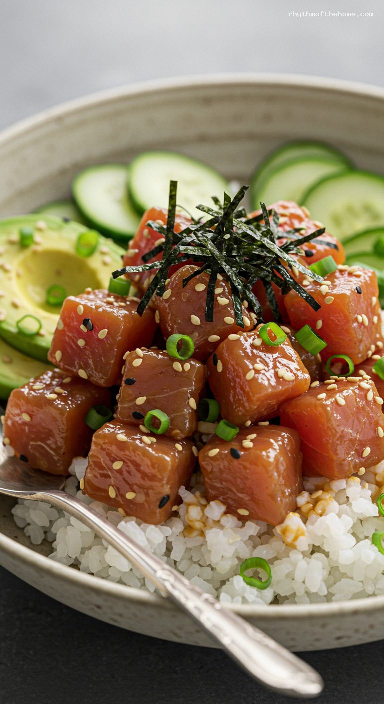 Hawaiian Ahi Tuna Poke Bowls with Shoyu-Sesame Marinade – Closeup