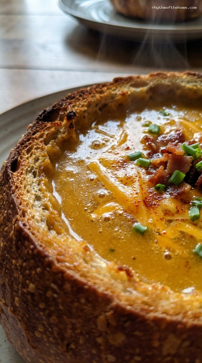 Hearty Cheddar Beer Soup Bread Bowls – Closeup