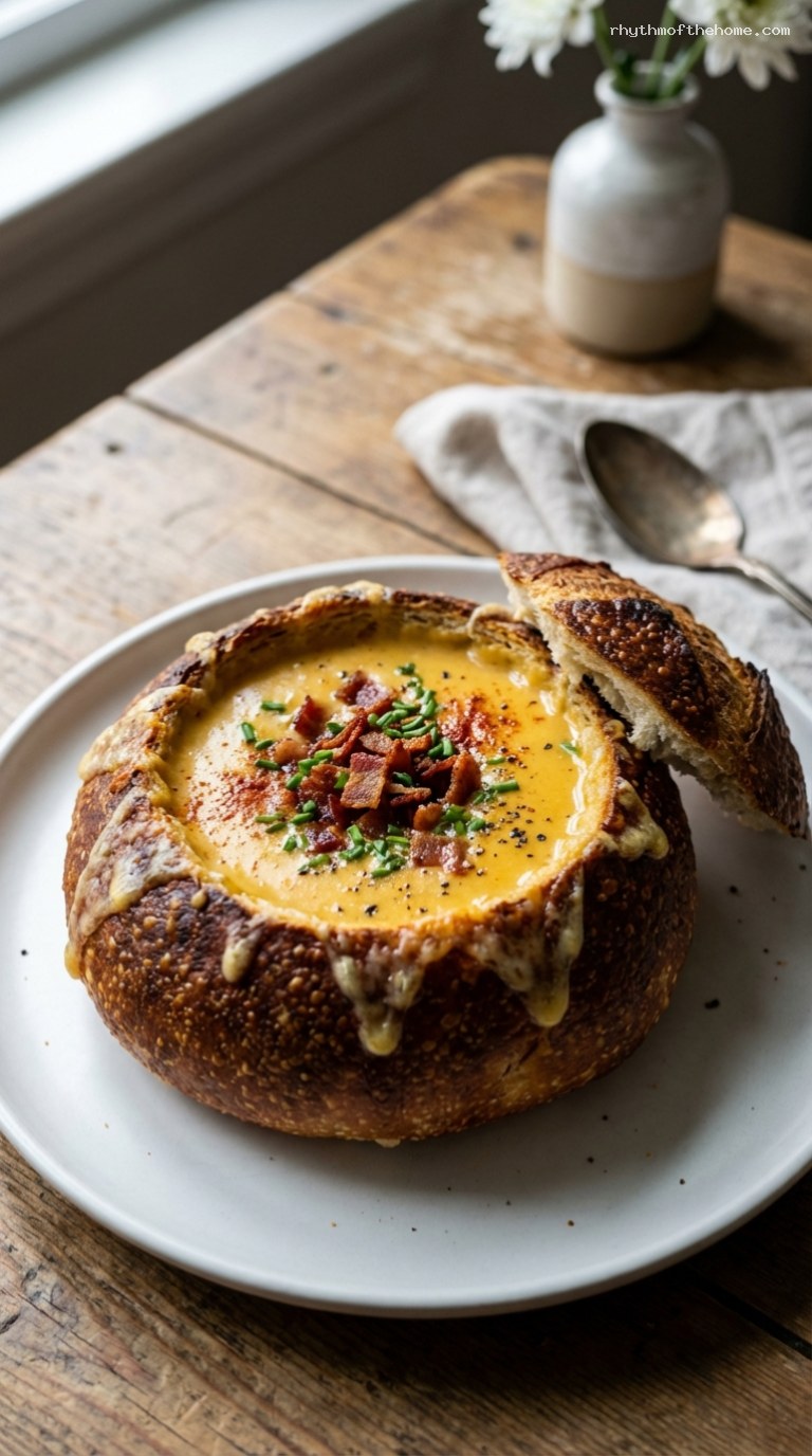 Hearty Cheddar Beer Soup Bread Bowls