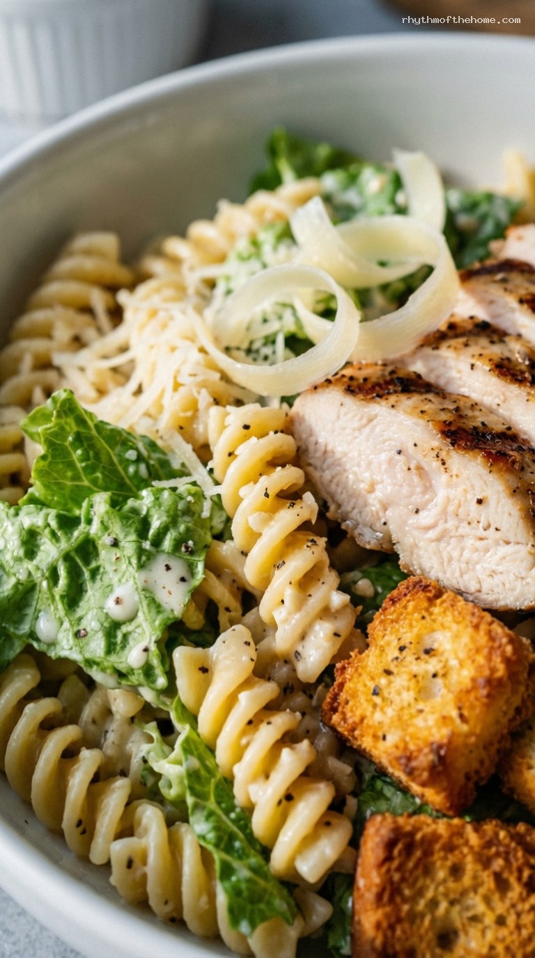 Hearty Chicken Caesar Pasta Salad – Closeup