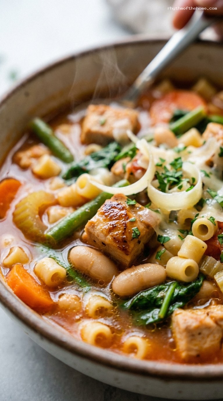 Hearty Chicken Minestrone Soup with Beans and Pasta – Closeup